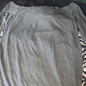 Grey, off shoulder dress.